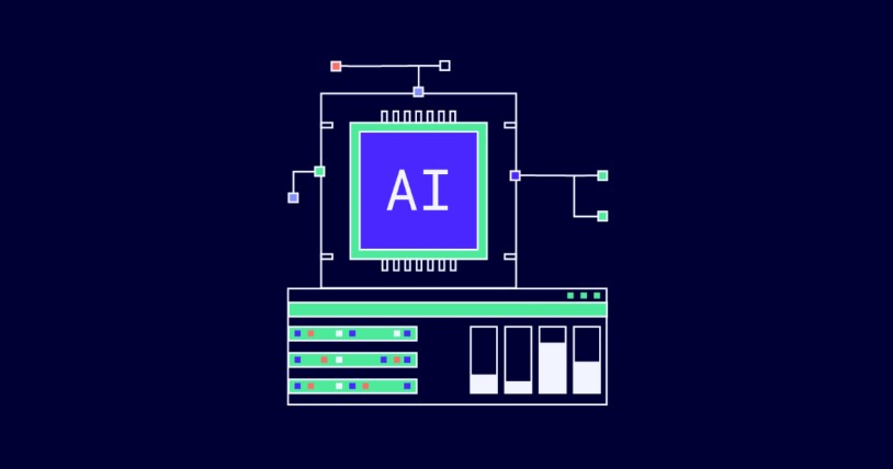 Blue and green illustration of an infographic of AI.