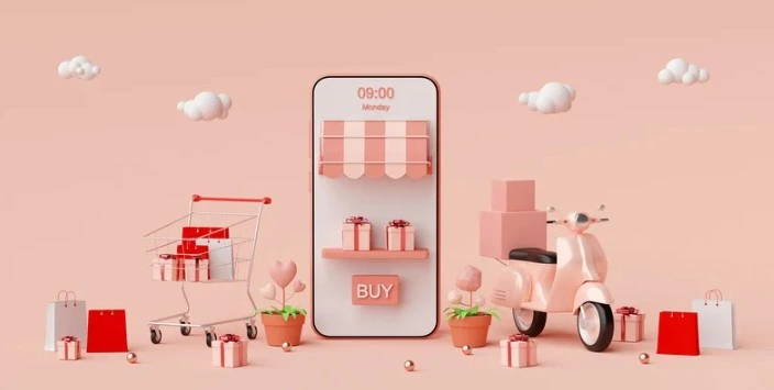 phone in front of a pink background showing different elements of e-commerce