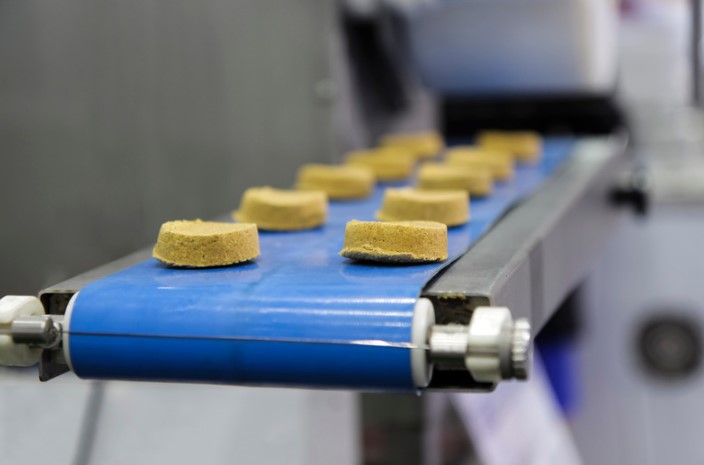 cookies on a blue conveyor belt