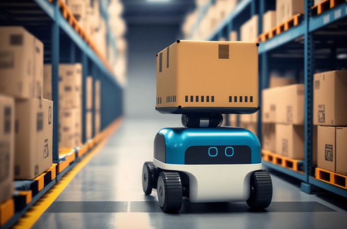 blue robot transporting a box in a warehouse