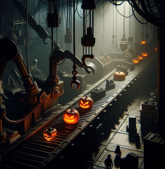 assorted Halloween items on a conveyor in a dark warehouse with pulleys hanging from the ceiling