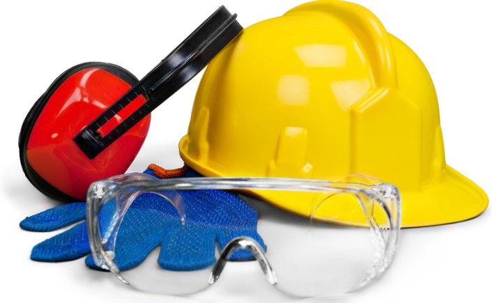 yellow hard hat, red earmuffs, blue gloves, and clear safety glasses staged against a white background