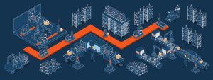 blueprint sketch of an industrial warehouse setup with an orange path illustrating a route through the facility.